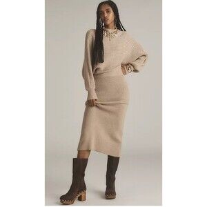 Anthropologie Sweater Midi Dress Beige Long Sleeve Slim Preppy Retro Size XS NWT